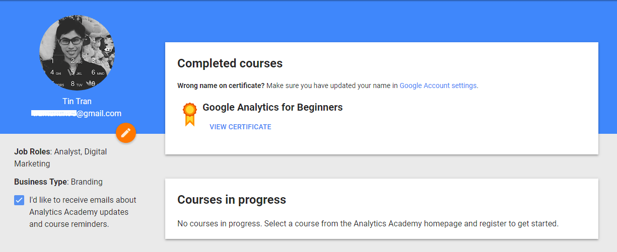 completed course google analytics for beginner